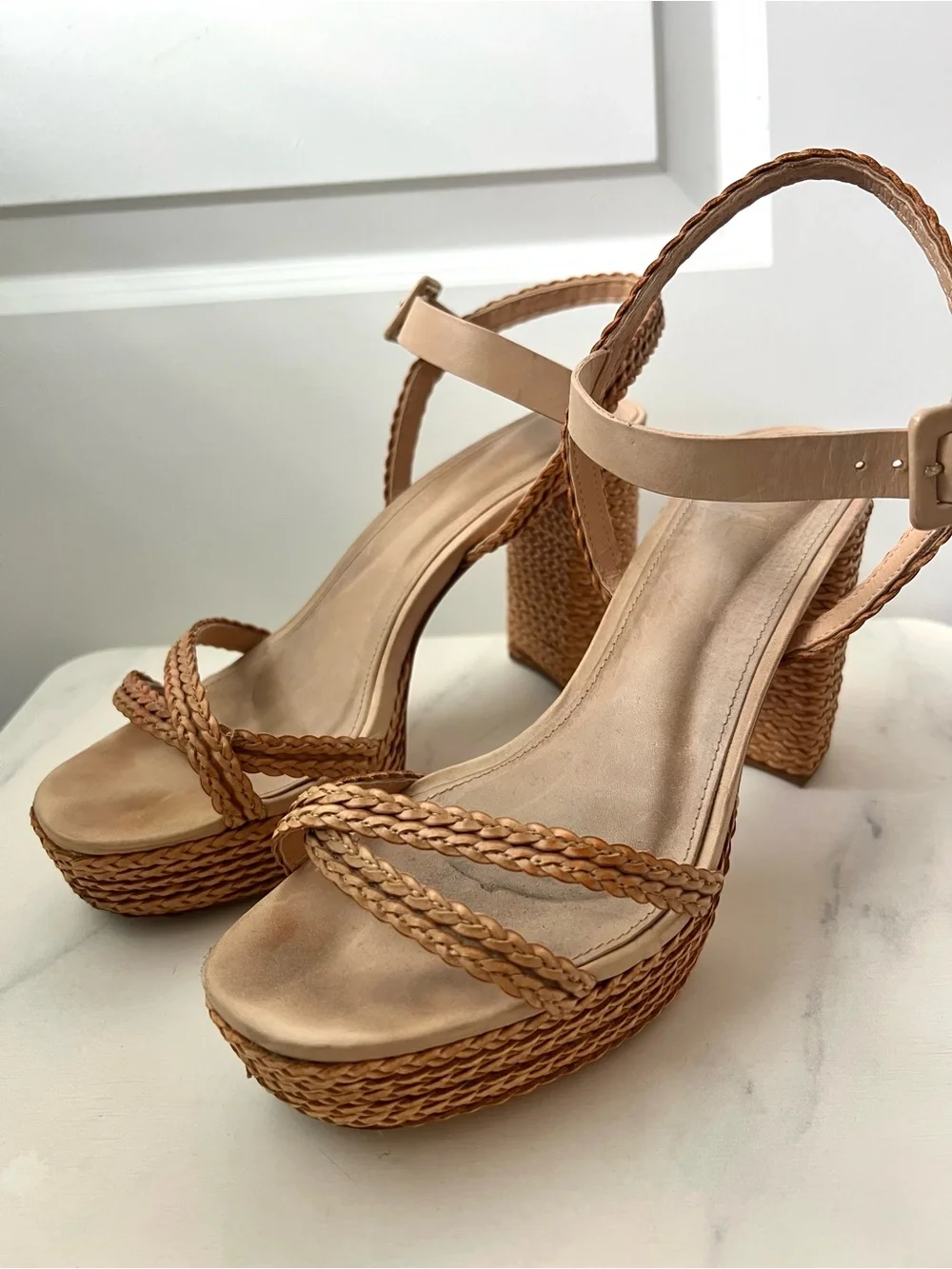 RAYE Woven Platform Block Heel Sandals in Tan